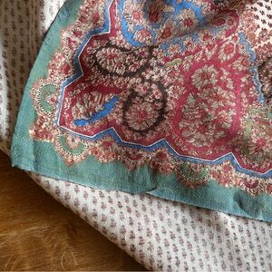 Vintage Paisley Print Cloth/ Shawl in Teal & Burgundy 69 x 69. Has been repaired